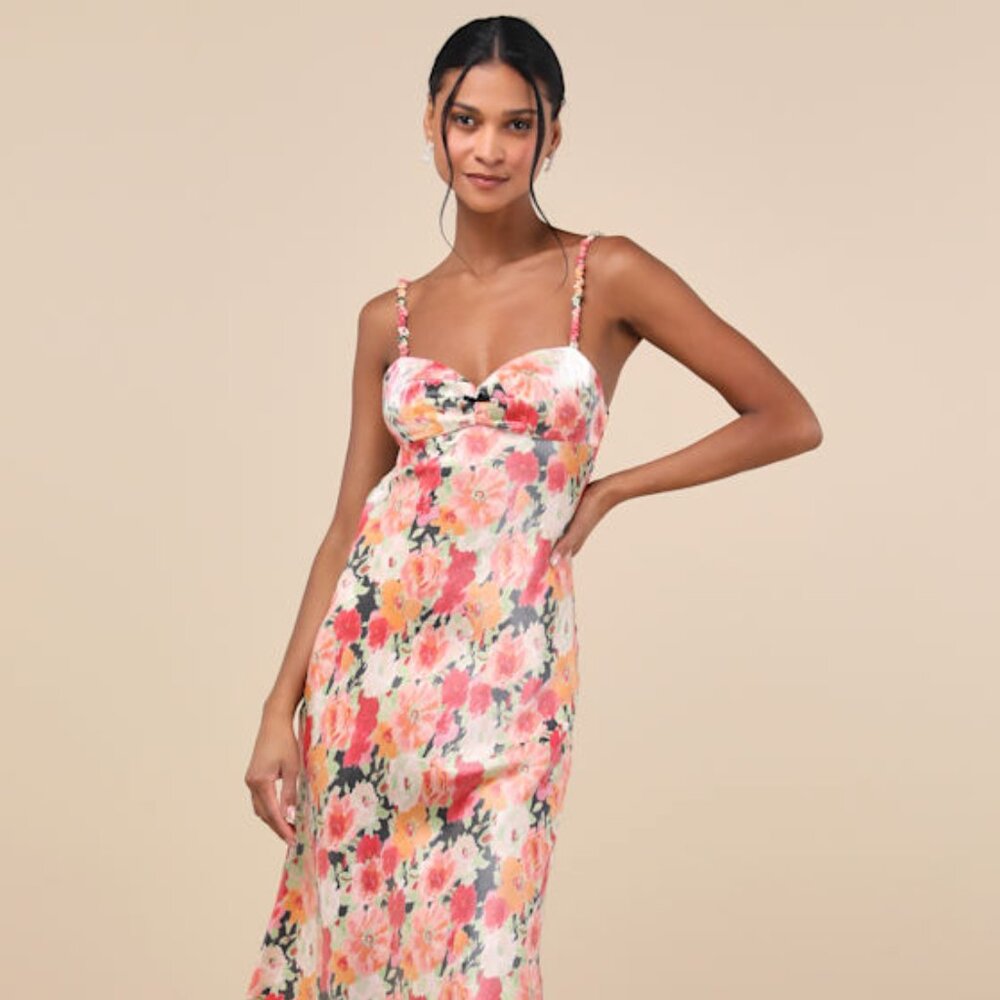 Lulus Sensational Spirit Peach Multi Floral Satin Tie-back Midi Dress Pink